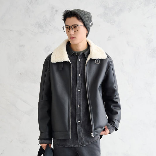 [PU leather composite imitation lamb wool collar] Winter fur integrated thickened thermal leather jacket jacket men