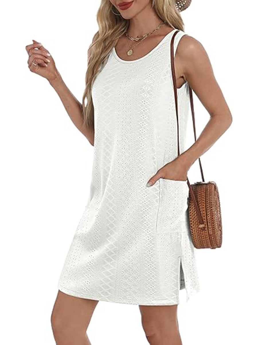 Coverup Summer Dresses for Women 2025 Eyelet Casual Loose Sleeveless Sundresses Tank Dresses with Pockets