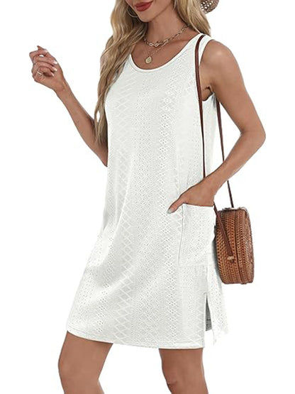Coverup Summer Dresses for Women 2025 Eyelet Casual Loose Sleeveless Sundresses Tank Dresses with Pockets