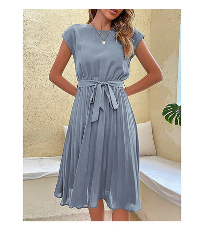 Women Summer Maxi Pleated Dress Casual Cap Sleeve Flowy Swing Loose Fit Midi Dresses Pocket Crew Neck Back Button