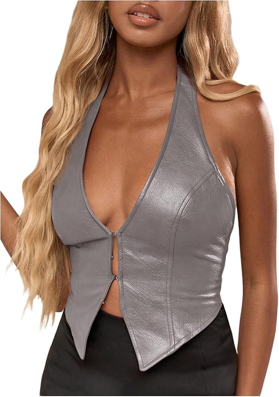 Women's PU Leather Halter Tank Tops Sexy Deep V Neck Asymmetrical Vest Corset Party Clubwear - Seldom Seen Styles