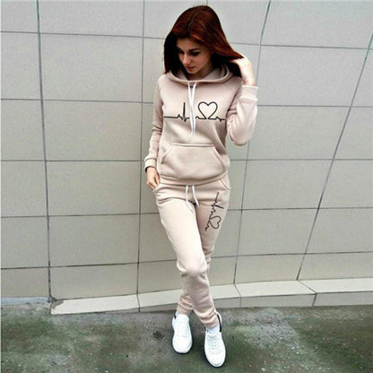 Two-Piece Set Women's Heart Print Raglan Sleeve Hoodie & Drawstring Waist Sweatpants Set, Casual Long Sleeve Hooded Pullover & Pocket Jogger Pants, Women's Fall & Winter Clothes, Holiday Outfits, Soft Clothes - Seldom Seen Styles