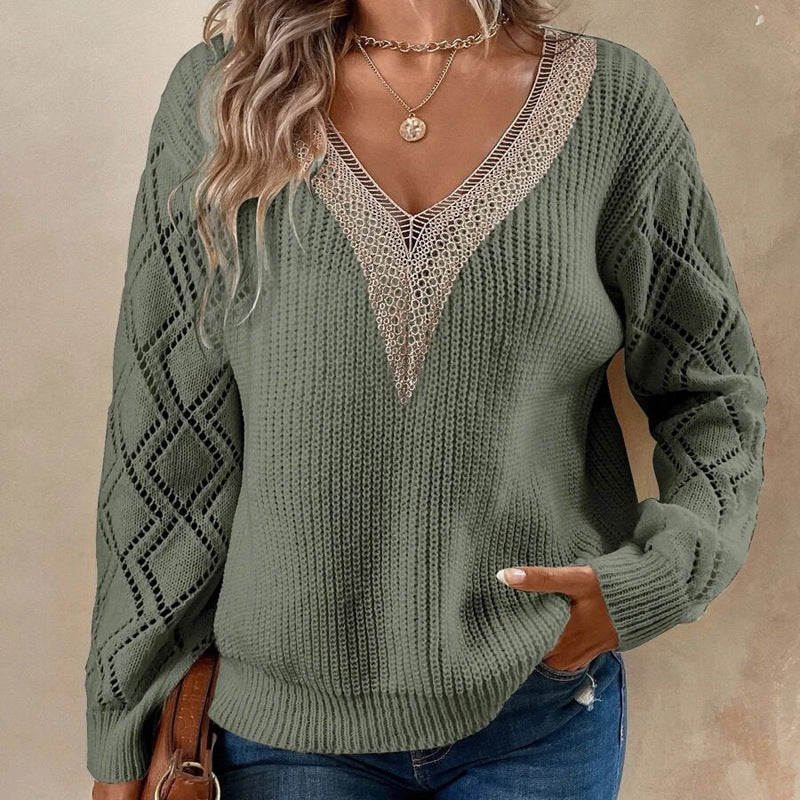 Womens Long Sleeve Sweaters Fall 2024 Trendy Sexy Lace V Neck Knit Drop Shoulder Pullover Sweater Jumper Tops - Seldom Seen Styles