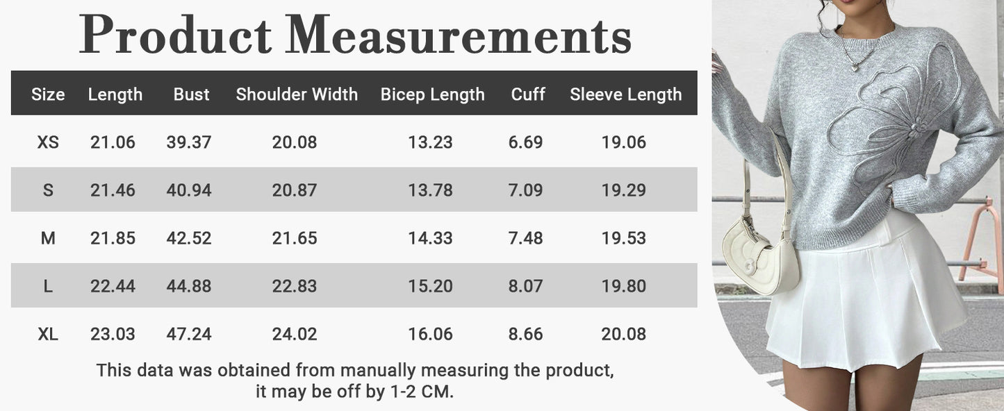 Women's 3D Floral Appliques Crewneck Sweaters Long Sleeve Drop Shoulder Pullovers Elegant Knit Tops - Seldom Seen Styles