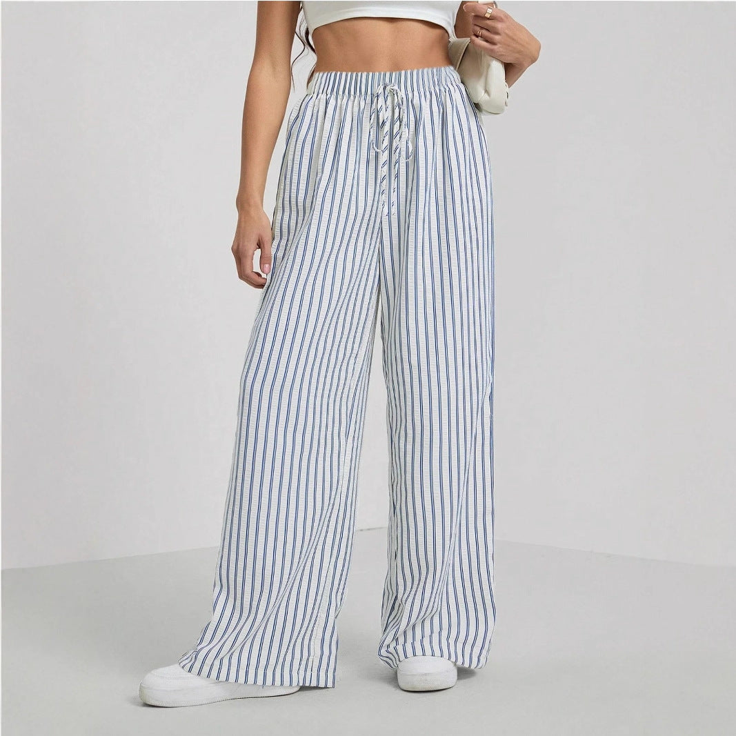Women's Casual Striped Wide Leg Pants Drawstring Elastic Waist Dress Palazzo Pants with Pockets - Seldom Seen Styles