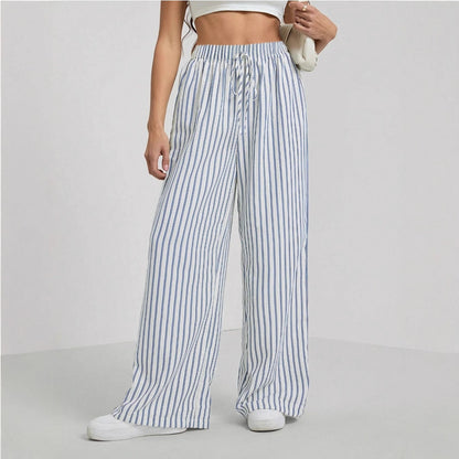 Women's Casual Striped Wide Leg Pants Drawstring Elastic Waist Dress Palazzo Pants with Pockets - Seldom Seen Styles