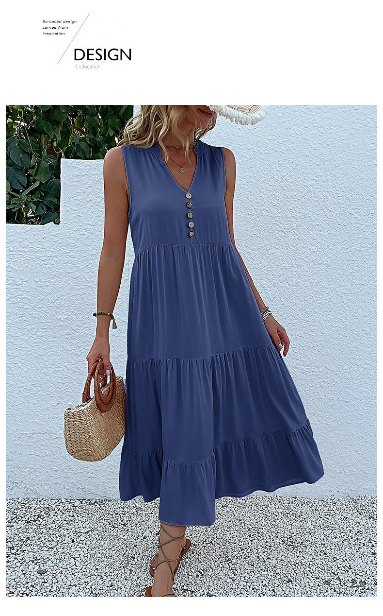 Summer Flowy Maxi Dress with Pockets Sleeveless Loose Casual Sundress V-Neck Tiered Sun Dress for Beach Cruise Vacations