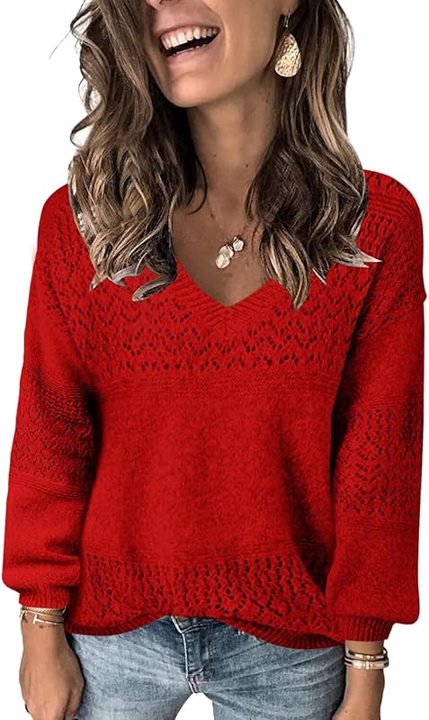 Womens Sweaters 2025 Fall V Neck Long Sleeve Hollow Knit Pullover Sweaters for Women - Seldom Seen Styles