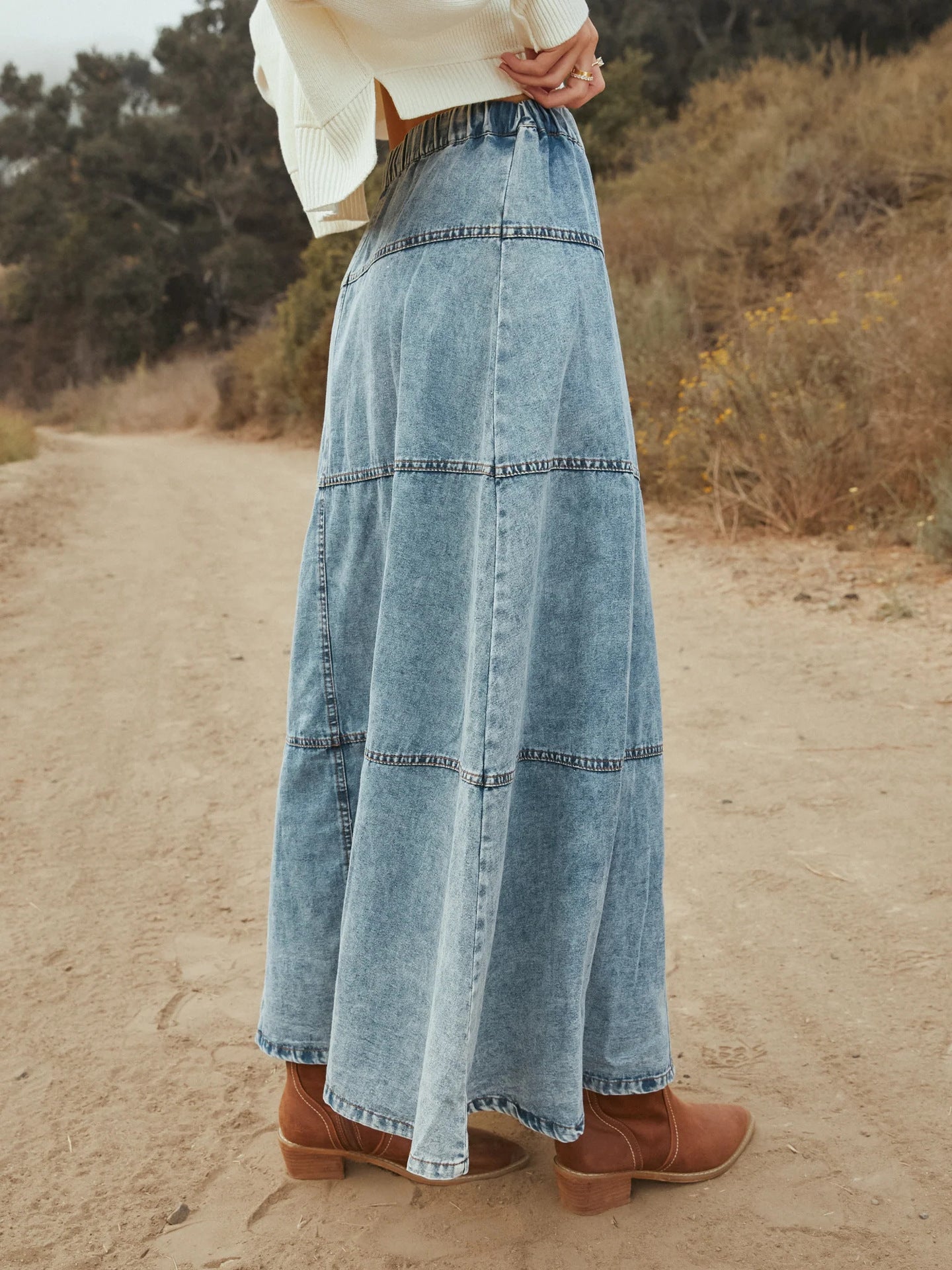 Women Casual Denim Maxi Skirt Elastic High Waist Tiered A Line Long Jean Skirt Y2k Western Patchwork 2025 - Seldom Seen Styles