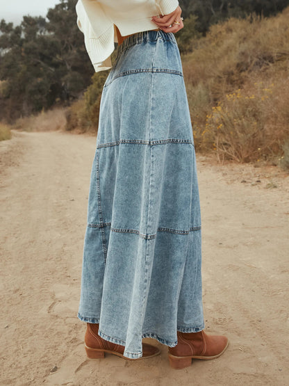 Women Casual Denim Maxi Skirt Elastic High Waist Tiered A Line Long Jean Skirt Y2k Western Patchwork 2025 - Seldom Seen Styles