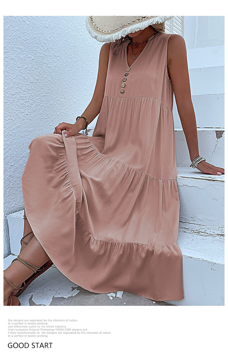 Summer Flowy Maxi Dress with Pockets Sleeveless Loose Casual Sundress V-Neck Tiered Sun Dress for Beach Cruise Vacations
