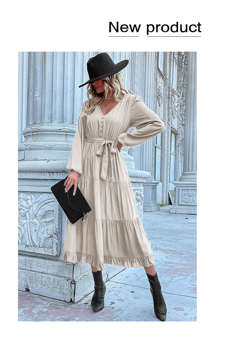 Women's Spring Dresses 2025 Long Sleeve V Neck Button Down Belted A-Line Flowy Ruffle Maxi Shirt Dress Pockets