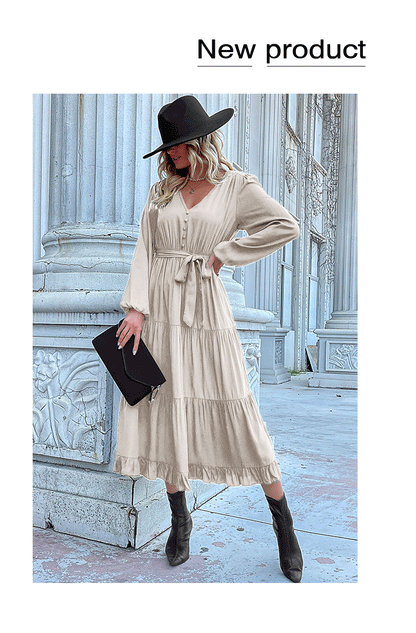 Women's Spring Dresses 2025 Long Sleeve V Neck Button Down Belted A-Line Flowy Ruffle Maxi Shirt Dress Pockets