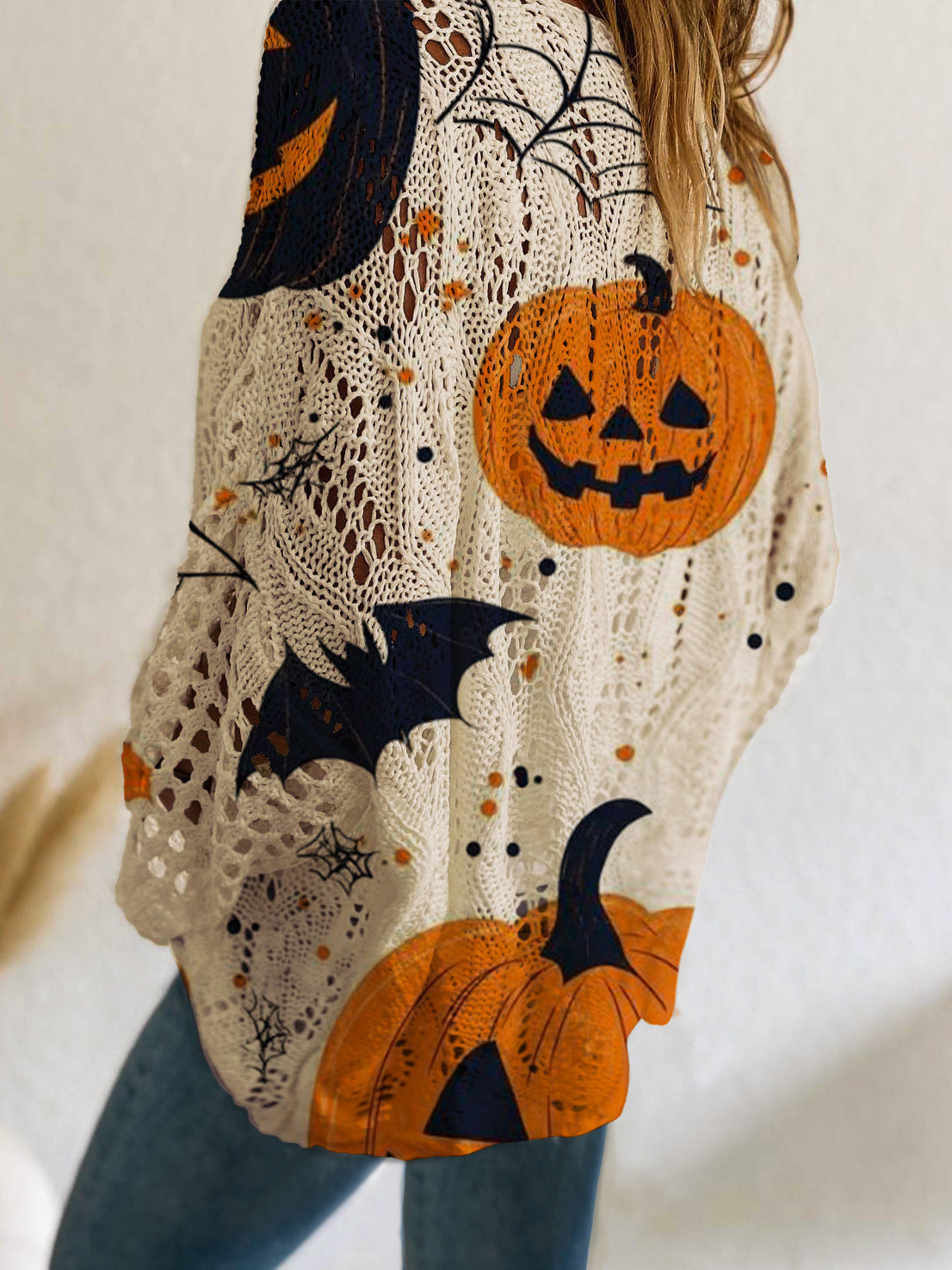 Women's Halloween Pumpkin Print Long Sleeve Knit Top, Casual Elegant Vacation Style, Loose Fit Batwing Shoulder, Spring Summer Fall Wear - Seldom Seen Styles