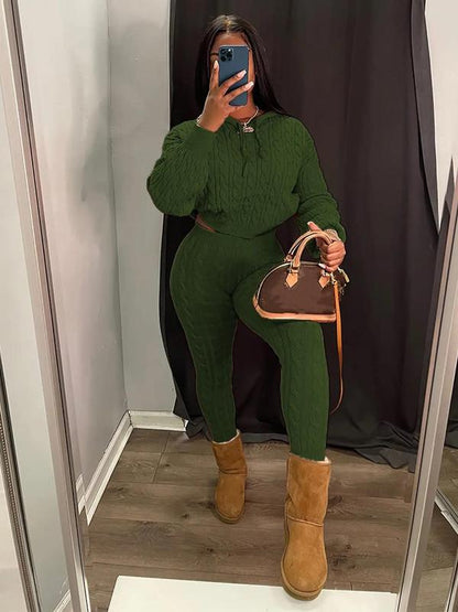 Women's Minimalist Textured Long Sleeve Crop Hooded Sweater & High Waist Skinny Pants Set, Casual Cozy Lady Knitwear Outfits Suits, Basic Womenswear - Seldom Seen Styles