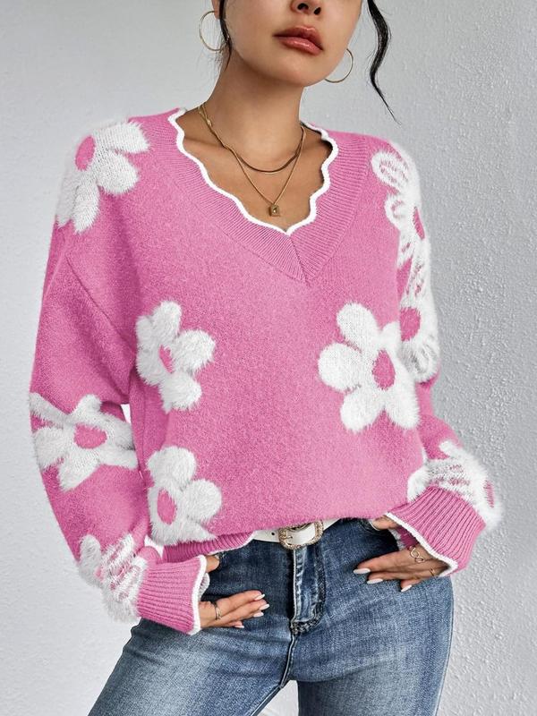 Women's Floral Pattern Scallop Trim Drop Shoulder Sweater, Casual Long Sleeve V Neck Jumper for Fall & Winter, Fashion Ladies' Knitwear for Daily Wear - Seldom Seen Styles
