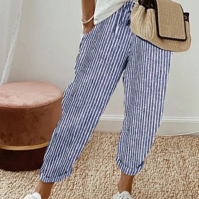Women's Casual Vertical Striped High Elastic Waist Wide Leg Capri Palazzo Pants with Pockets - Seldom Seen Styles