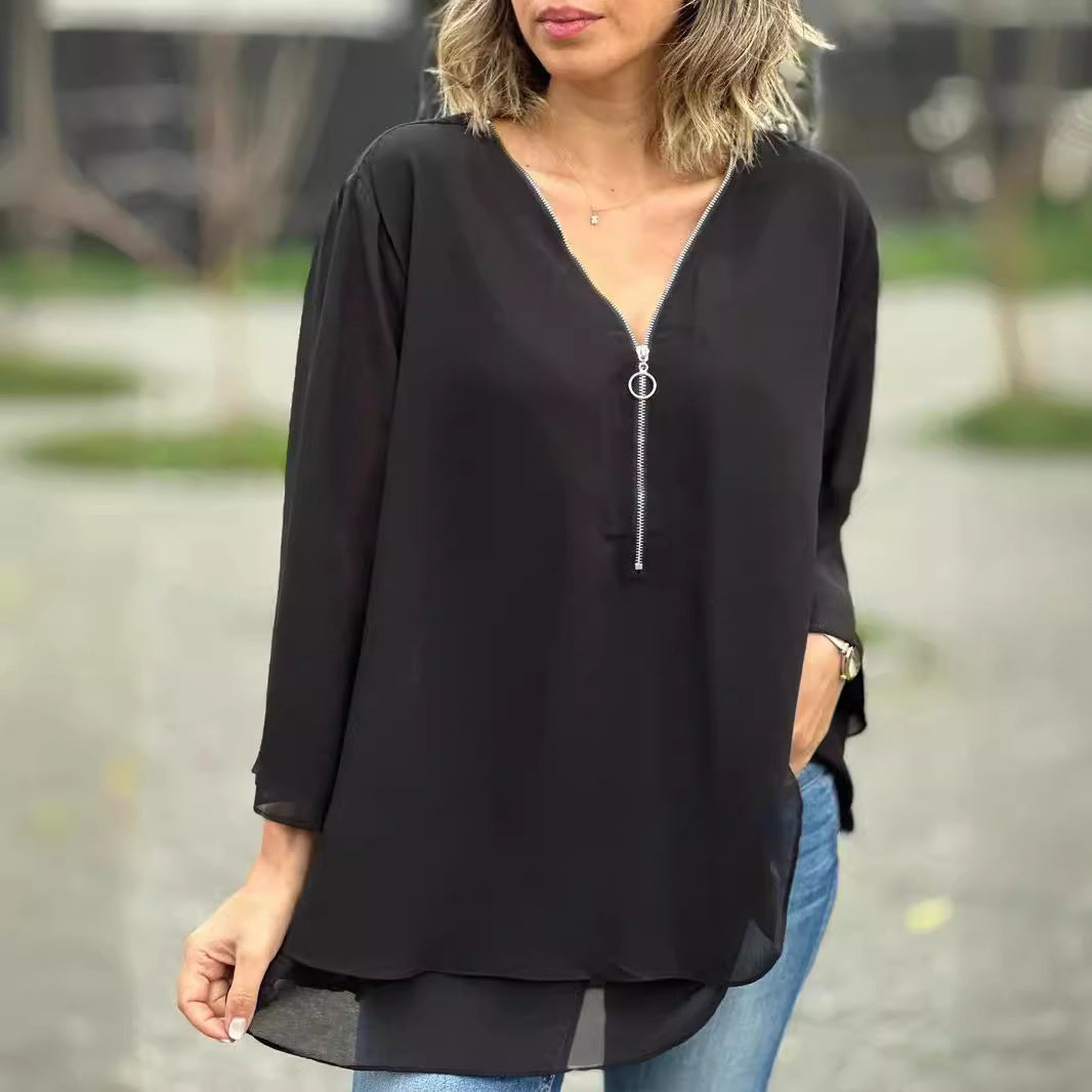 Womens V-Neck Lantern Sleeve Blouse Zipper Design Loose Casual Top Shirts - Seldom Seen Styles