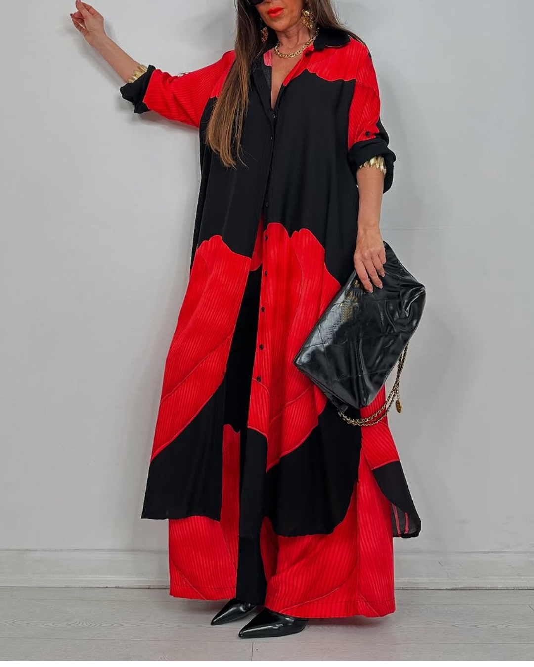 Women's V-neck Patchwork Printed Top and Pants Commuting Casual Suit - Seldom Seen Styles