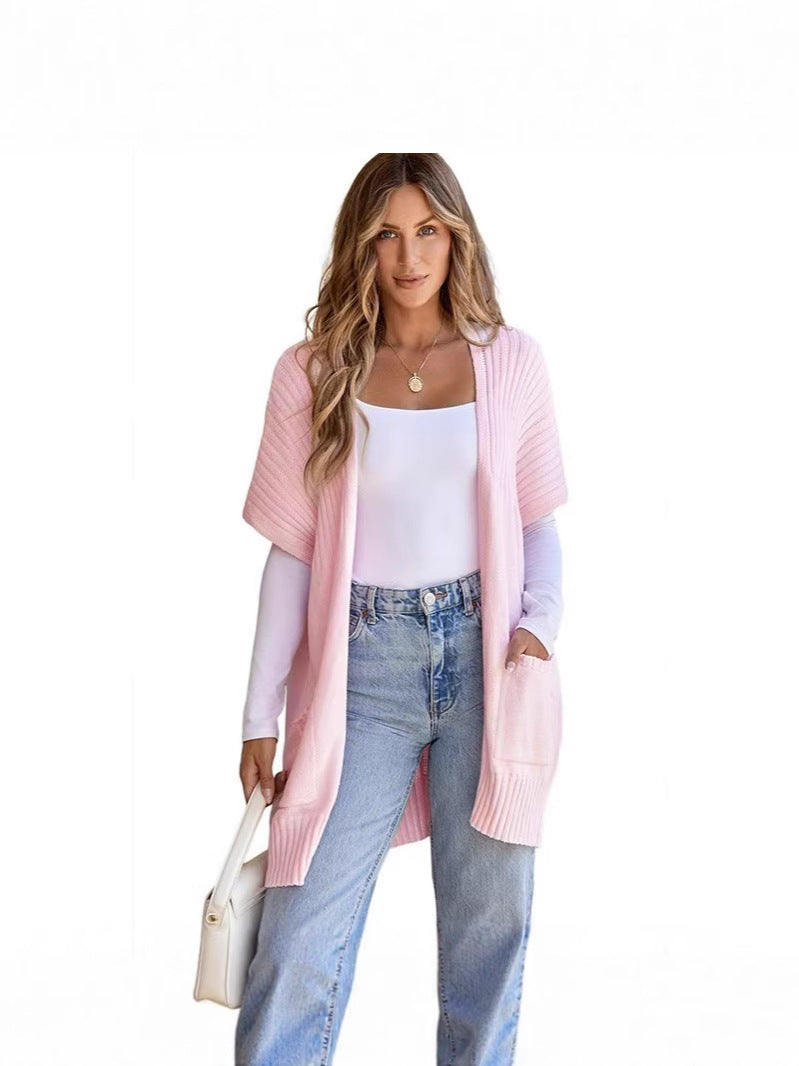 2025 Women’s Going Tops Trend – Oversized Lightweight Open-Front Pleated Short-Sleeve Knitwear Knit Cardigan Sweater, Casual Summer Outerwear & Womenswear Layering Piece in Multiple Colors - Seldom Seen Styles
