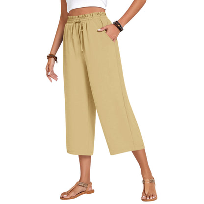 Women's Capri Pants Drawstring Casual Palazzo Trousers with Pockets Loose High Waisted Wide Leg Lounge Pants - Seldom Seen Styles