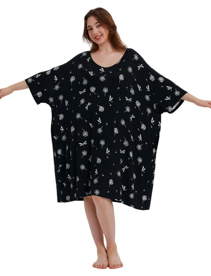 Plus Size Nightgown for Women V-Neck Sleep  Dress Pjs Lounge Short Sleeves Sleepwear With Pocket Fit S-5XL Pajamas Elastic Loungewear Breathable Fabric - Seldom Seen Styles
