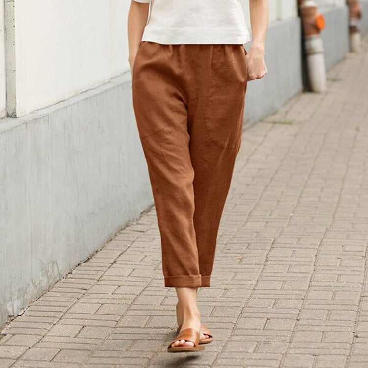 Women's Linen Cropped Pants Tapered Ankle Capris Trousers Elastic Waist - Seldom Seen Styles