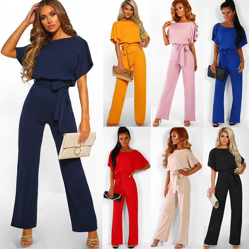 Womens Loose Short Sleeve Belted Wide Leg Pant Romper Jumpsuit Business Casual One Piece Outfits - Seldom Seen Styles