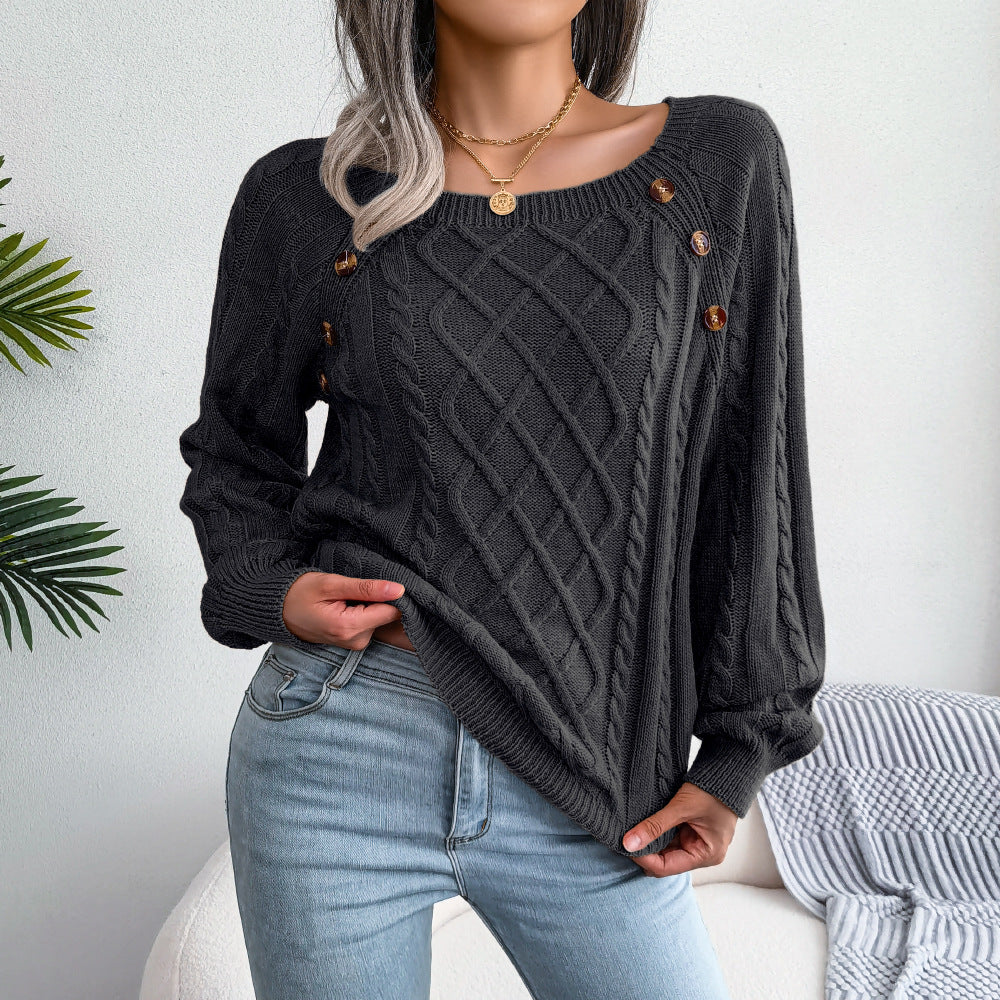 Women's Solid Textured Fake Buttons Raglan Sleeve Crewneck Sweater Tops for Spring, Casual Chic Style Round Neck Long Sleeves Knitting Jumper, Fall Clothes, Downtown Girl Knitwear Clothes - Seldom Seen Styles