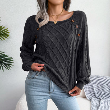 Women's Solid Textured Fake Buttons Raglan Sleeve Crewneck Sweater Tops for Spring, Casual Chic Style Round Neck Long Sleeves Knitting Jumper, Fall Clothes, Downtown Girl Knitwear Clothes - Seldom Seen Styles