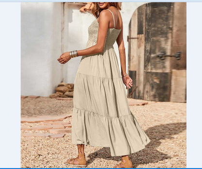 Women's Summer Midi Dress 2025 Casual Boho Sleeveless Spaghetti Strap Smocked Tiered Long Beach Sundresses