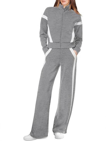 Women's 2 Piece Lounge Outfits Zip Up Sweat Set Contrast Striped Wide Leg Jogging Pants Travel Track Suit - Seldom Seen Styles