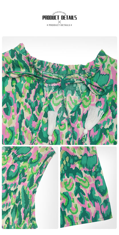New Style Summer  Vacation Sleeveless v Abstract Print Dress with Tassel Detail