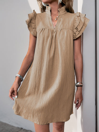 Women's Cap Sleeve Ruffle Trim Mini Dress Ruched Notched Neck Casual Basic Straight Dresses