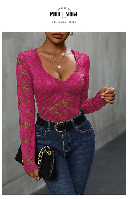Women's Sheer Floral Lace V Neck Bodysuit Long Sleeve Slim Fit Jumpsuits