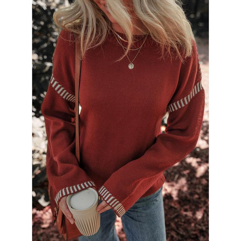 Sweaters for Women Fashion Solid Crewneck Loose Fit Long Sleeve Contrast Cable Knit Pullover Sweater Jumper Tops Knitwear Womenswear Knitwear Womenswear - Seldom Seen Styles