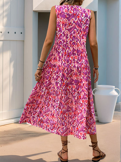 New Style Summer  Vacation Sleeveless v Abstract Print Dress with Tassel Detail