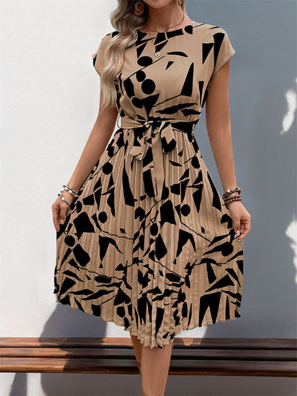 Floral Dress for Women Wedding Guest Crewneck Short Sleeve Casual Summer Dress Tie Waist Midi Flowy Boho Beach Dresses