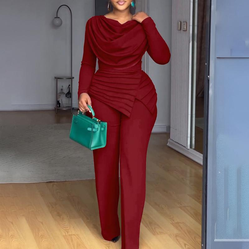 Cowl Neck Asymmetrical Patchwork Ruched Jumpsuit Casual Cinched Waist Zipper Back Straight Leg Jumpsuit - Seldom Seen Styles