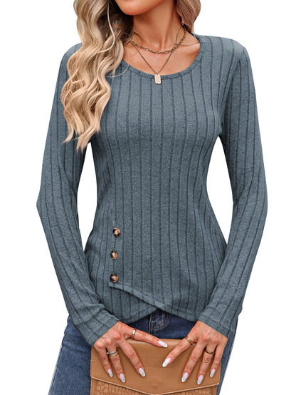 Sweaters for Women Fashion Long Sleeve Tops Button Pullover Crew Neck Casual Loose Slit Sweatshirt - Seldom Seen Styles