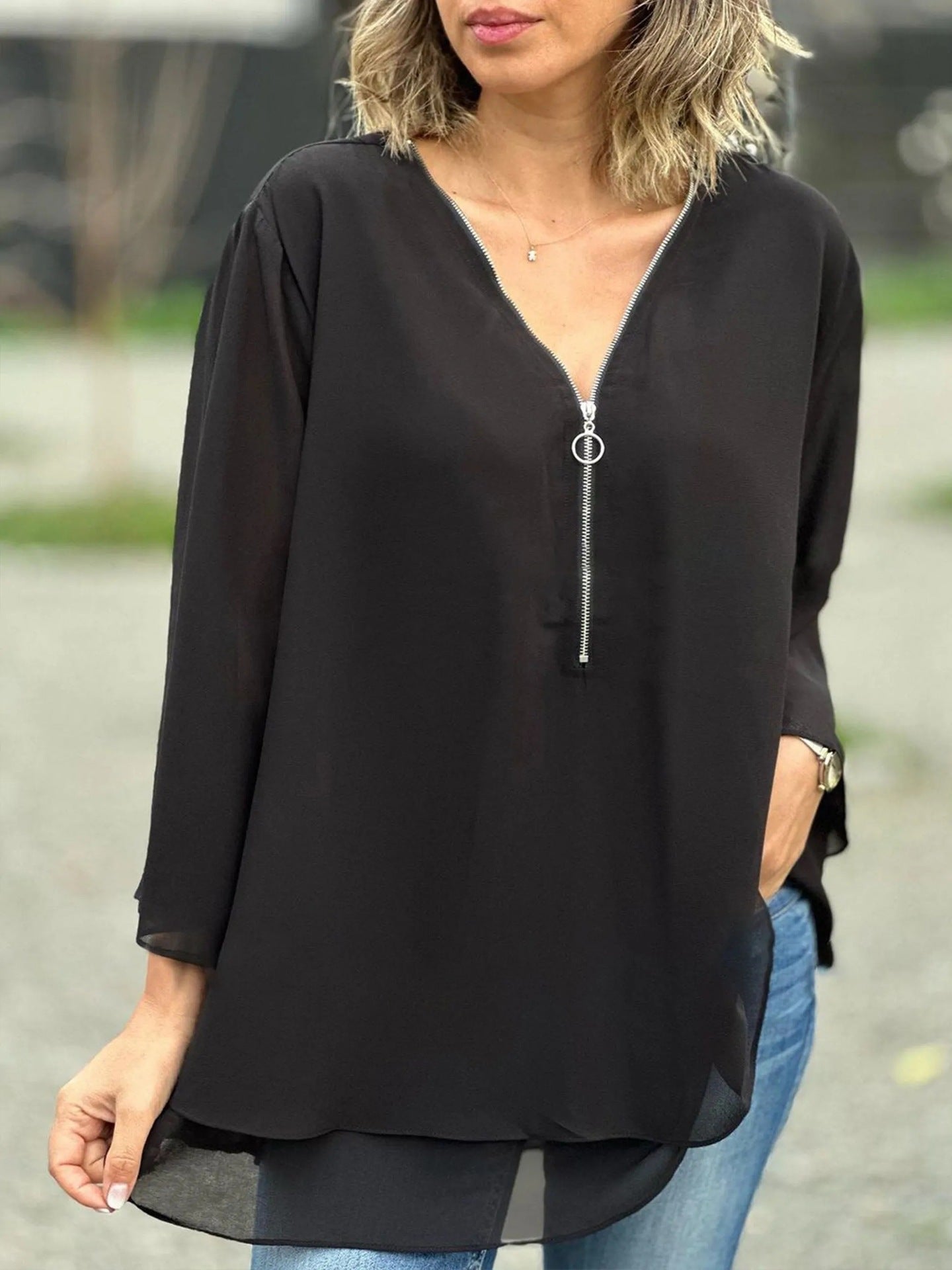 Womens V-Neck Lantern Sleeve Blouse Zipper Design Loose Casual Top Shirts - Seldom Seen Styles