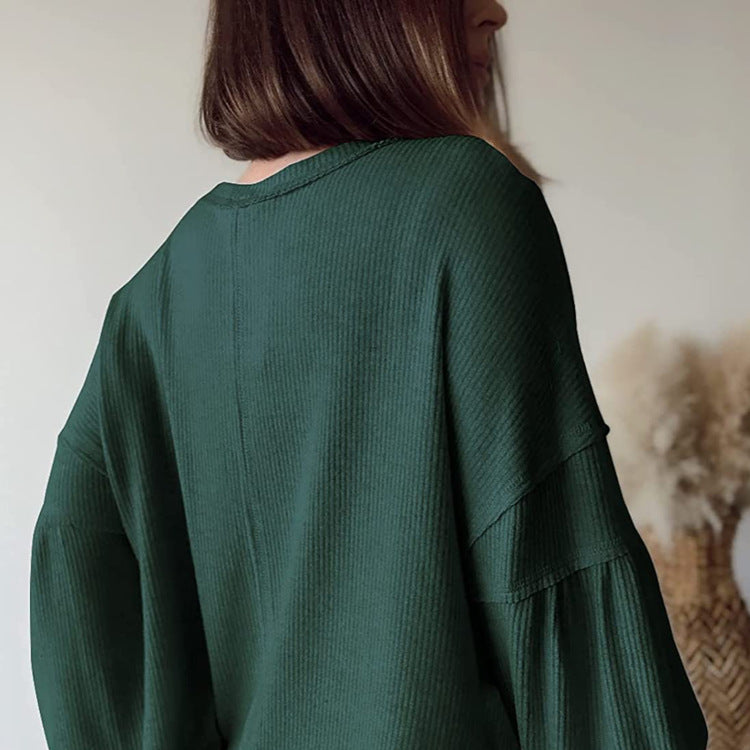 Women's Casual Basic V-Neck Ribbed Knitted Shirts Pullover Tunic Tops Loose Balloon Sleeve Blouses Top - Seldom Seen Styles