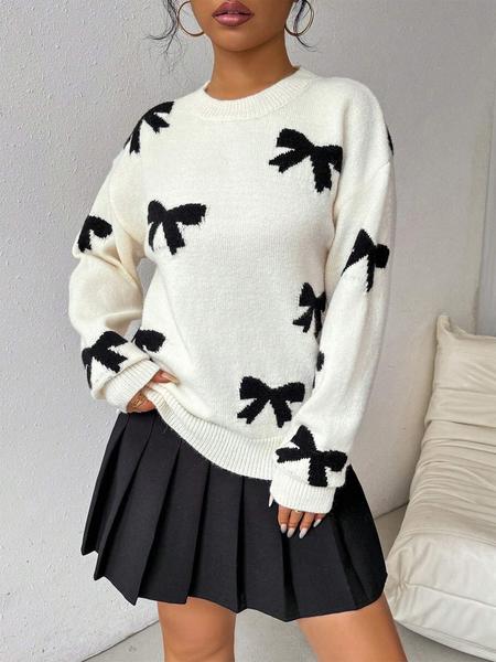 Fashion Bow Print Casual Loose Knitted Sweater Pullover Autumn/Winter Women Pullovers New Full Sleeve Knitwear - Seldom Seen Styles