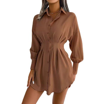 Women's Button Down Shirt Dress, Long Sleeve, Pleated Waist, Multiple Color Options Available - Seldom Seen Styles
