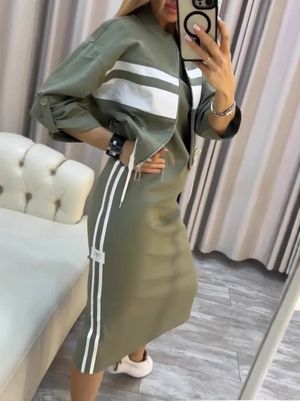 Olive Green Two Piece Skirt Set for Women – Casual Chic Midi Dress with Zip-Up Long Sleeve Jacket - Seldom Seen Styles