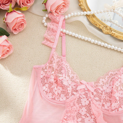 Women Sexy Lingerie Bodysuit Floral Lace Teddy Babydoll Snap Crotch Ruffle One Piece with Thigh Bands