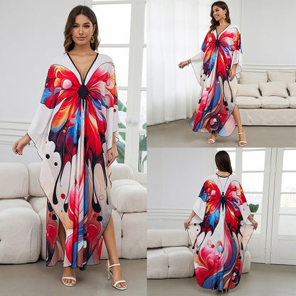 [Plus Size] Butterfly/feather Print Ruched Split Hem Tunic Dress, Valentine's Day Elegant Batwing Sleeve V Neck Long Dress for Summer, Casual Womenswear, Gift, Homecoming Dresses, Women's Clothes for Beach Holiday Vacation, Moo Moo Dresses