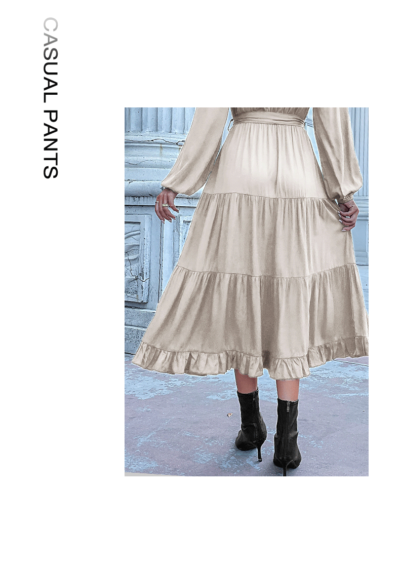 Women's Spring Dresses 2025 Long Sleeve V Neck Button Down Belted A-Line Flowy Ruffle Maxi Shirt Dress Pockets