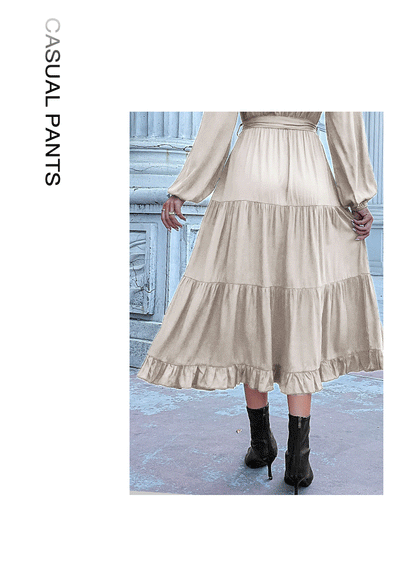 Women's Spring Dresses 2025 Long Sleeve V Neck Button Down Belted A-Line Flowy Ruffle Maxi Shirt Dress Pockets