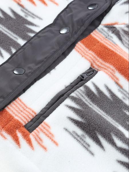 Women's Geometric Print Pocket Button Front Zipper Stand Collar Polar Fleece Jacket, Casual Long Sleeve Outerwear For Fall & Winter, Women's Clothes For Daily Wear - Seldom Seen Styles